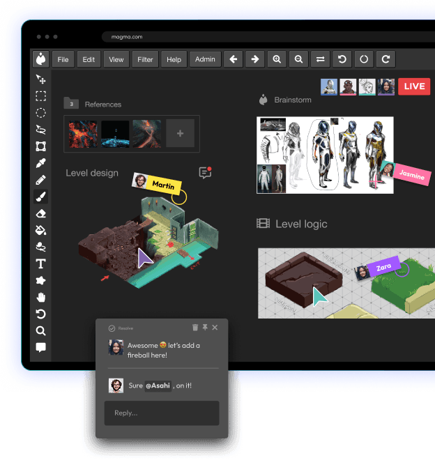 A cosmic illustration being edited collaboratively by team members labeled Asahi and James, featuring chat interactions and a visible drawing tool palette.
